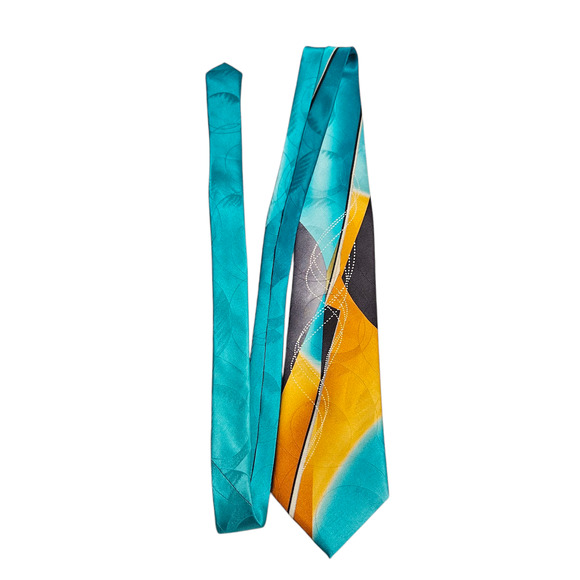 Arrow Abstract Geometric Tie Turquoise Yellow Gray Silk 3.75” Wide Made in China - Picture 4 of 7